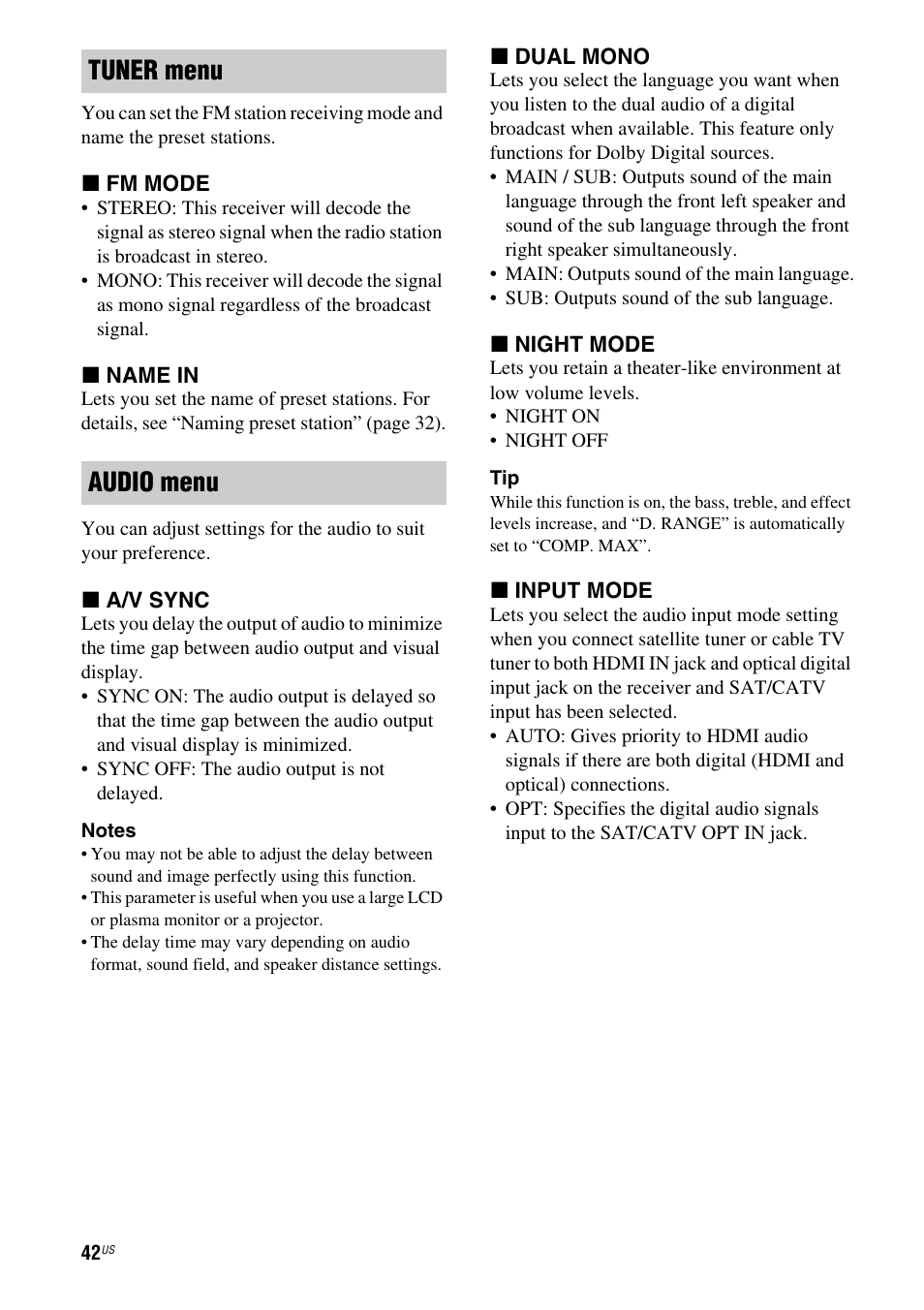 Tuner menu audio menu | Sony HT-SS380 User Manual | Page 42 / 108