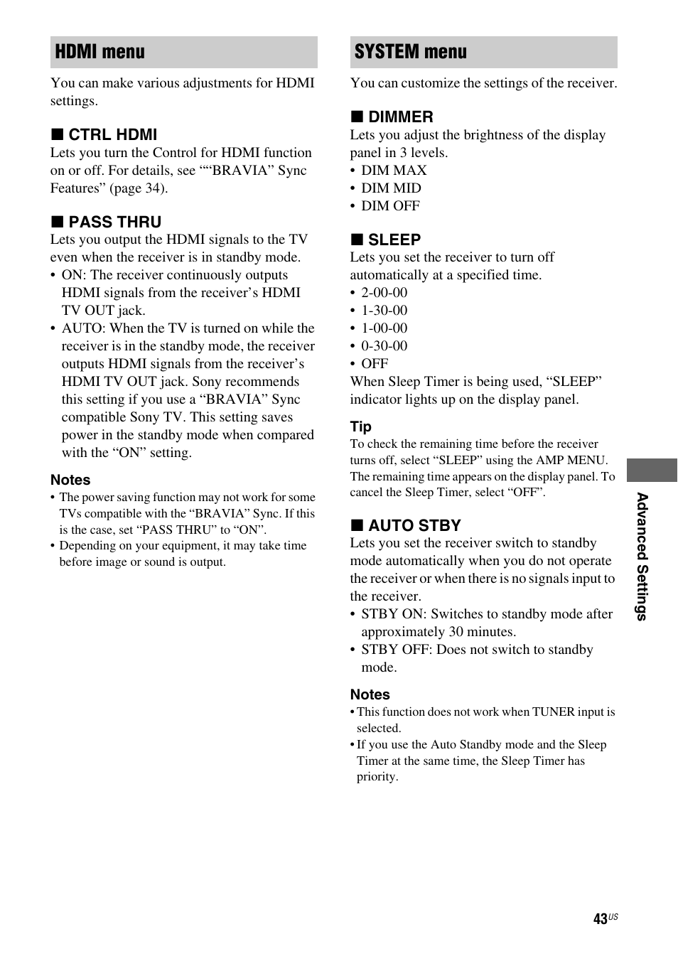 Hdmi menu system menu | Sony HT-SS380 User Manual | Page 43 / 108