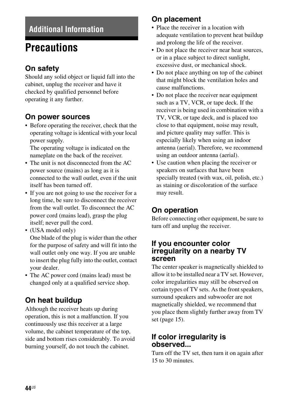Additional information, Precautions | Sony HT-SS380 User Manual | Page 44 / 108