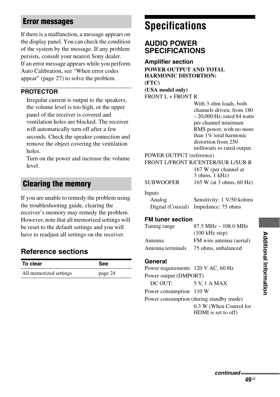 Specifications | Sony HT-SS380 User Manual | Page 49 / 108