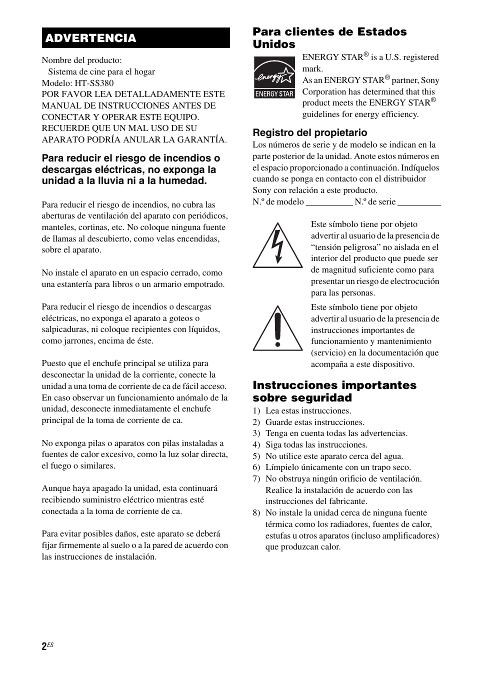 Para clientes de estados unidos, Instrucciones importantes sobre seguridad, Advertencia | Sony HT-SS380 User Manual | Page 52 / 108