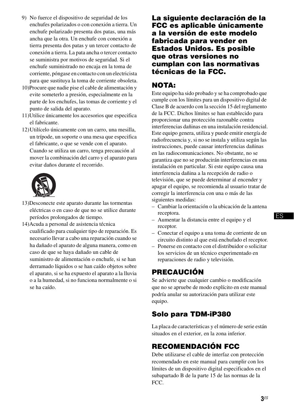 Precaución, Solo para tdm-ip380, Recomendación fcc | Sony HT-SS380 User Manual | Page 53 / 108