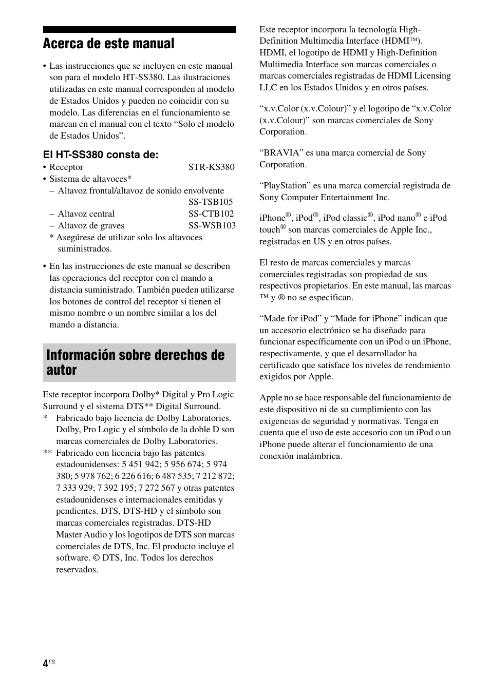 Acerca de este manual, Información sobre derechos de autor | Sony HT-SS380 User Manual | Page 54 / 108