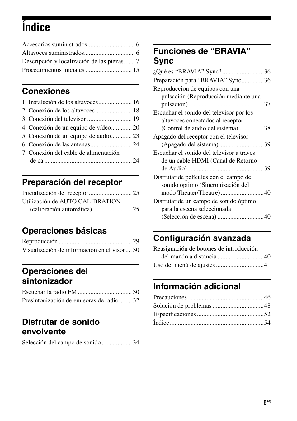 Índice, Conexiones, Preparación del receptor | Operaciones básicas, Operaciones del sintonizador, Disfrutar de sonido envolvente, Funciones de “bravia” sync, Configuración avanzada, Información adicional | Sony HT-SS380 User Manual | Page 55 / 108