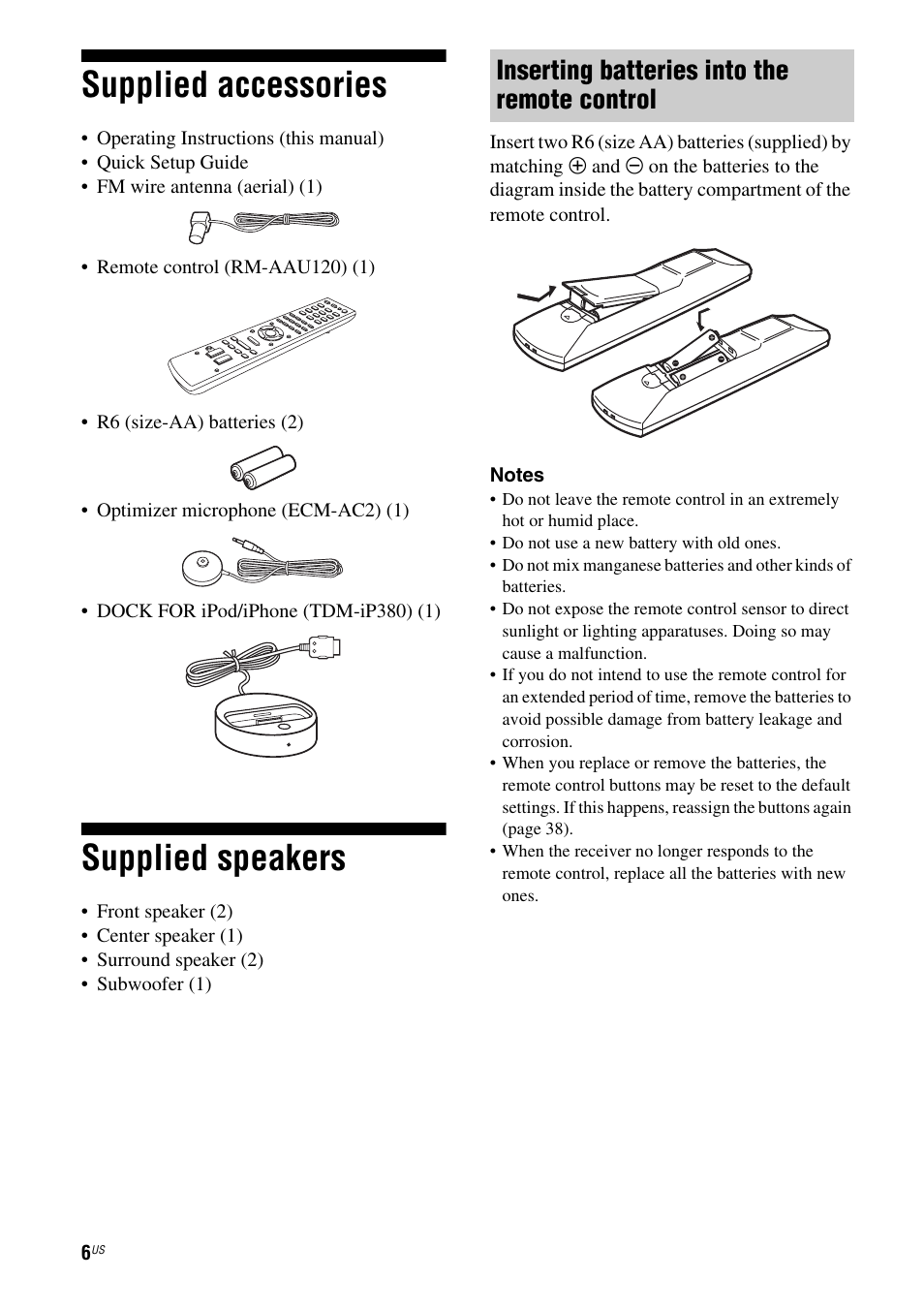 Supplied accessories, Supplied speakers, Supplied accessories supplied speakers | Inserting batteries into the remote control | Sony HT-SS380 User Manual | Page 6 / 108