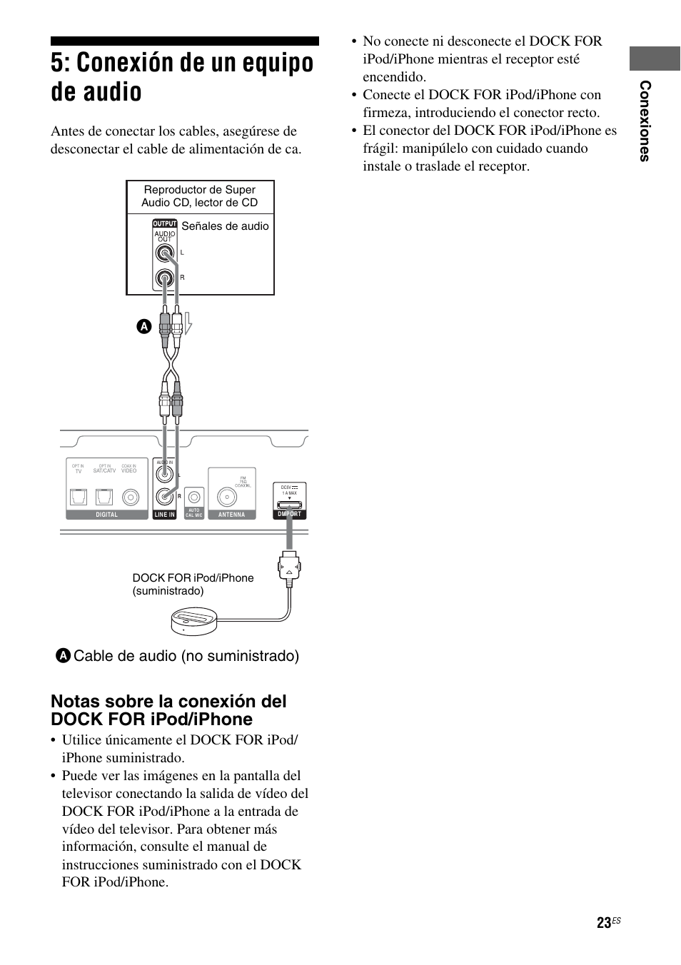 Conexión de un equipo de audio, Notas sobre la conexión del dock for ipod/iphone, Acable de audio (no suministrado) | Cone xiones | Sony HT-SS380 User Manual | Page 73 / 108