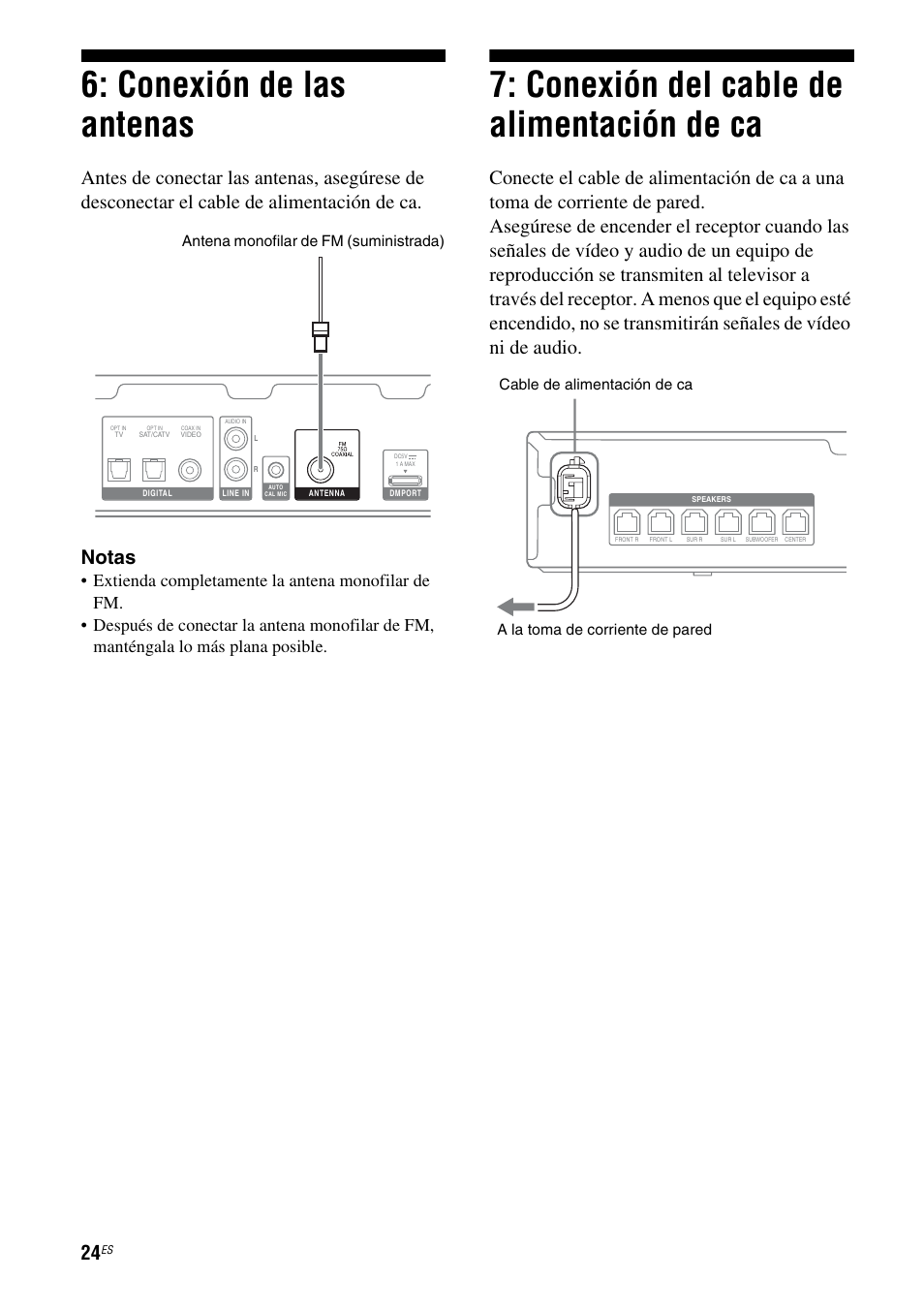 Conexión de las antenas, Conexión del cable de alimentación de ca, De ca | Sony HT-SS380 User Manual | Page 74 / 108