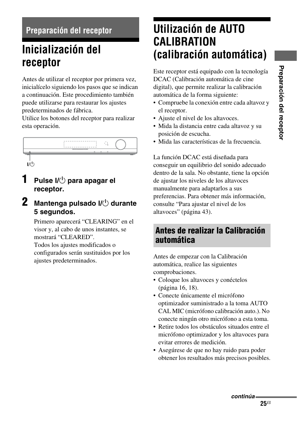 Preparación del receptor, Inicialización del receptor, Calibración automática) | A 25, 29, Antes de realizar la calibración automática | Sony HT-SS380 User Manual | Page 75 / 108