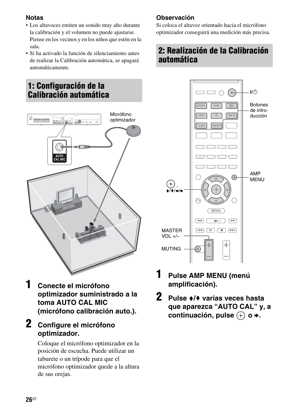 Configuración de la calibración automática, Realización de la calibración automática, Configure el micrófono optimizador | Pulse amp menu (menú amplificación), Notas | Sony HT-SS380 User Manual | Page 76 / 108