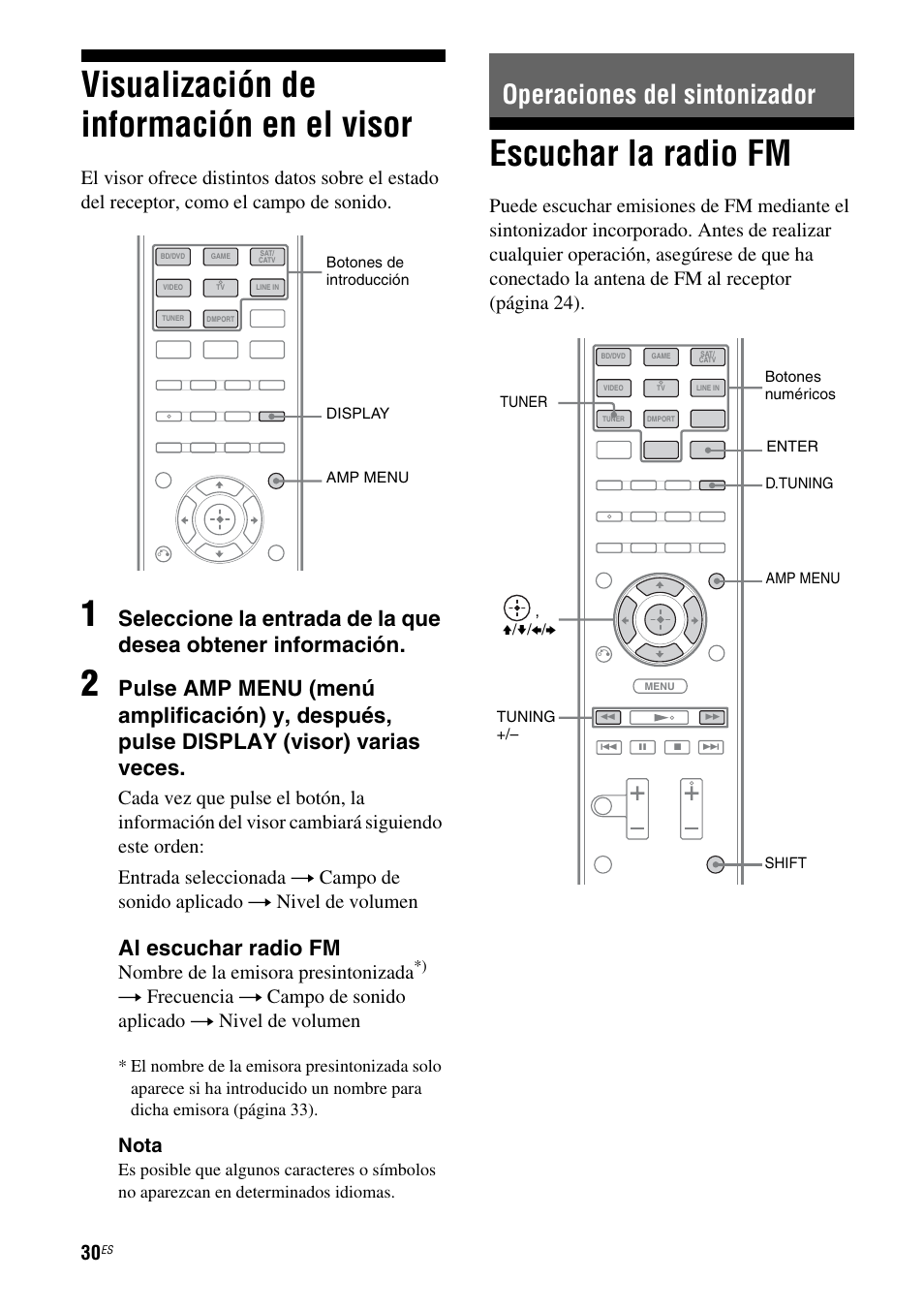 Visualización de información en el visor, Operaciones del sintonizador, Escuchar la radio fm | Al escuchar radio fm, Nombre de la emisora presintonizada, Nota | Sony HT-SS380 User Manual | Page 80 / 108