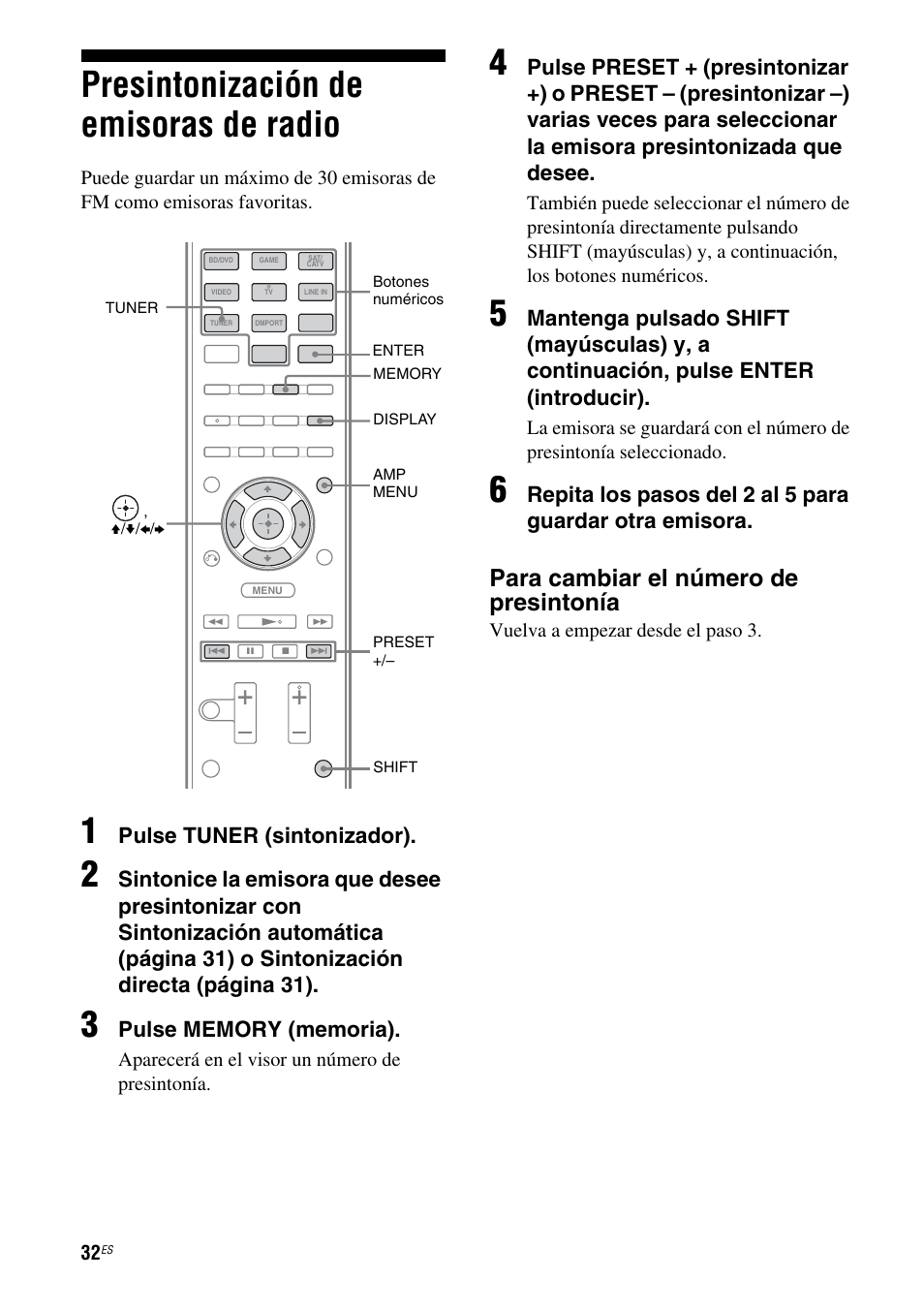 Presintonización de emisoras de radio, Para cambiar el número de presintonía, Pulse tuner (sintonizador) | Sony HT-SS380 User Manual | Page 82 / 108