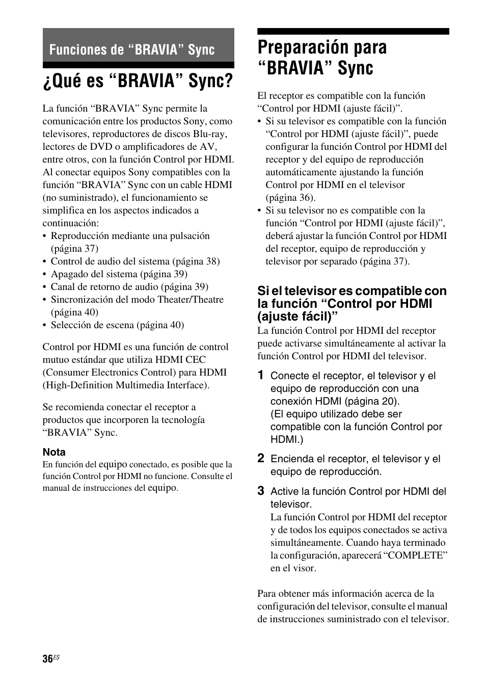 Funciones de “bravia” sync, Qué es “bravia” sync, Preparación para “bravia” sync | Sony HT-SS380 User Manual | Page 86 / 108