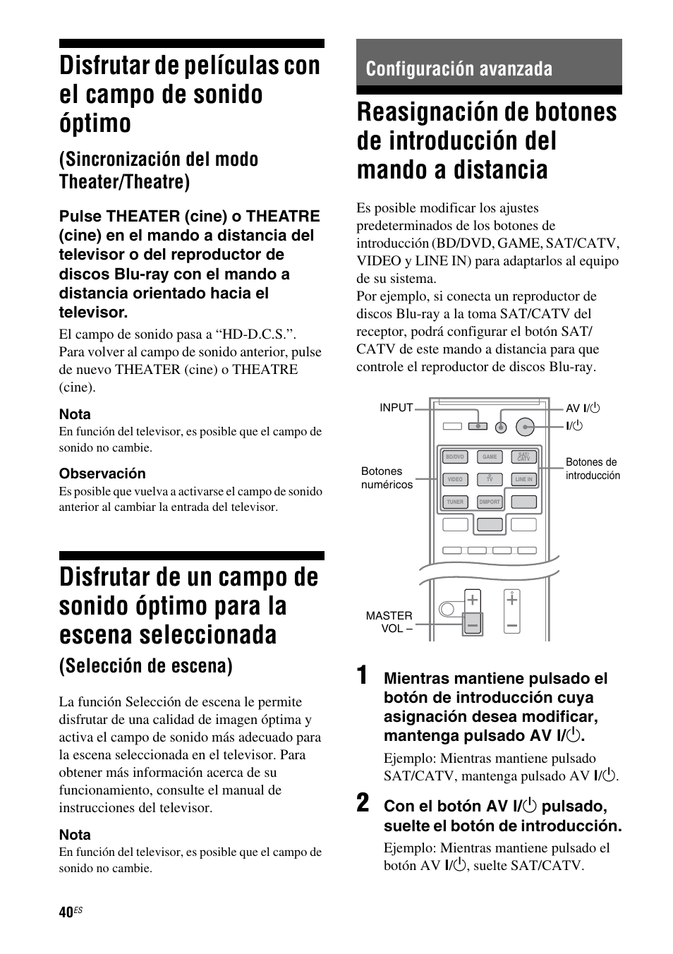 Configuración avanzada, Disfrutar de películas con el campo de, Sonido óptimo (sincronización del | Modo theater/theatre), Disfrutar de un campo de sonido óptimo, Para la escena seleccionada, Selección de escena), Reasignación de botones de introducción, Del mando a distancia, Sincronización del modo theater/theatre) | Sony HT-SS380 User Manual | Page 90 / 108