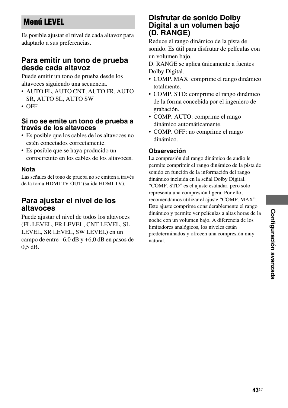 Menú level | Sony HT-SS380 User Manual | Page 93 / 108