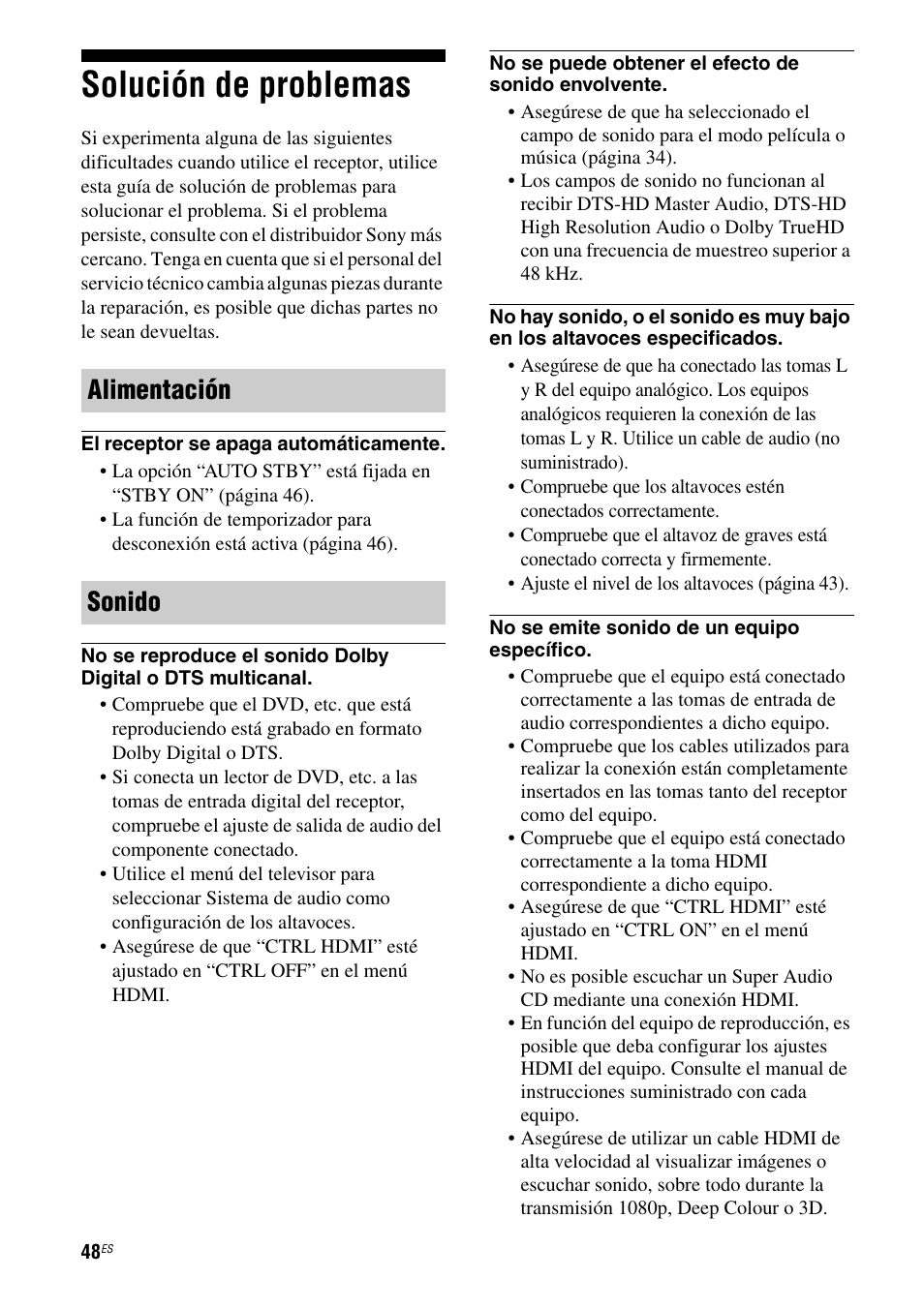 Solución de problemas, Alimentación sonido | Sony HT-SS380 User Manual | Page 98 / 108