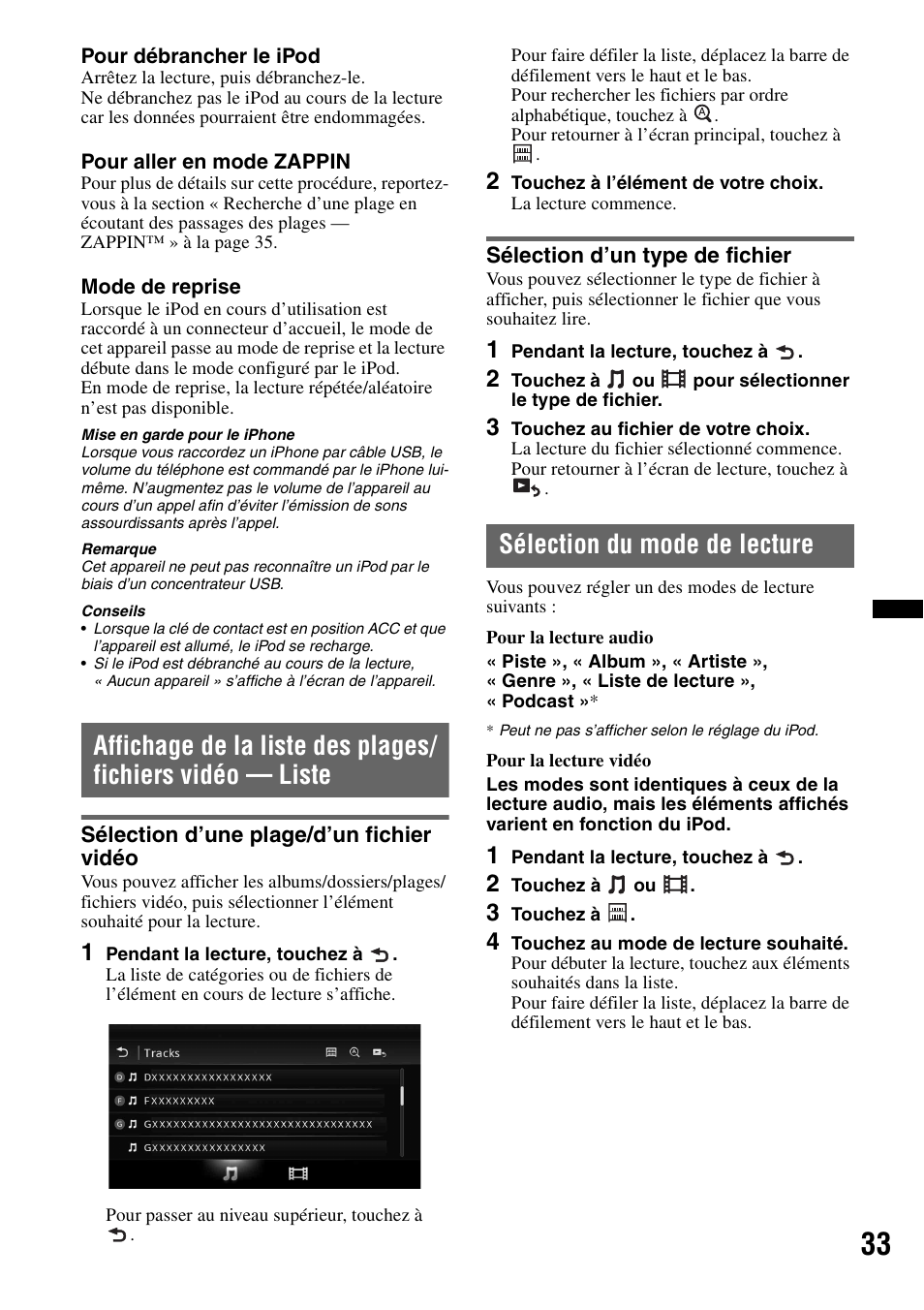 Sélection d’une plage/d’un fichier vidéo, Sélection d’un type de fichier, Sélection du mode de lecture | Sony XAV-701HD User Manual | Page 105 / 228