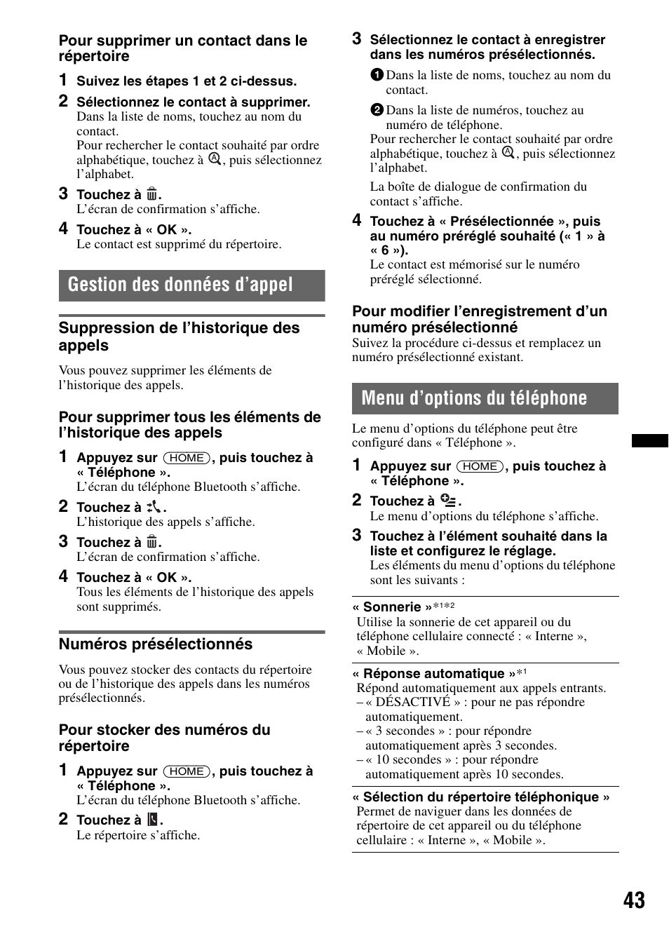 Gestion des données d’appel, Suppression de l’historique des appels, Numéros présélectionnés | Menu d’options du téléphone | Sony XAV-701HD User Manual | Page 115 / 228