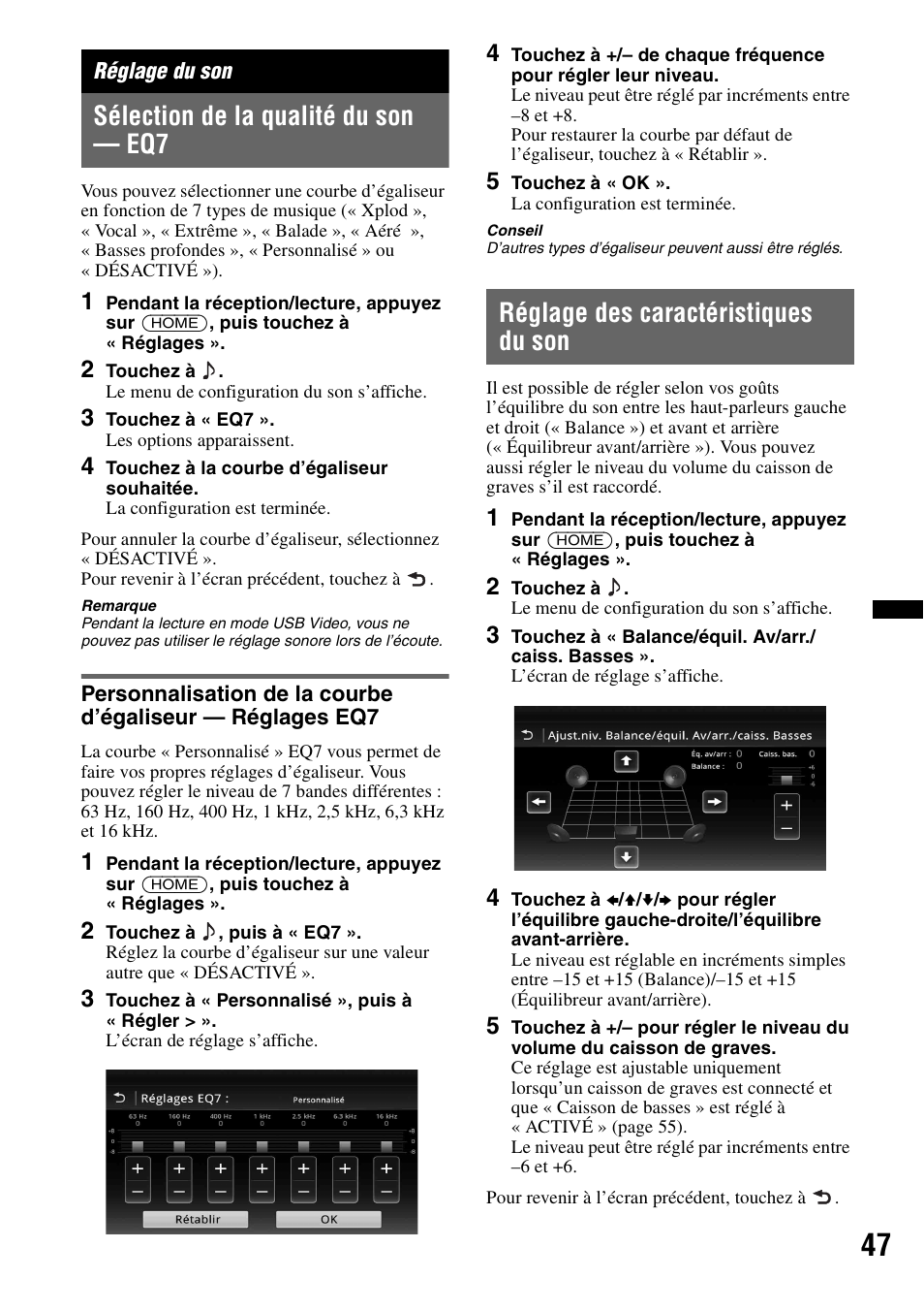 Réglage du son, Sélection de la qualité du son - eq7, Réglage des caractéristiques du son | Sélection de la qualité du son — eq7 | Sony XAV-701HD User Manual | Page 119 / 228