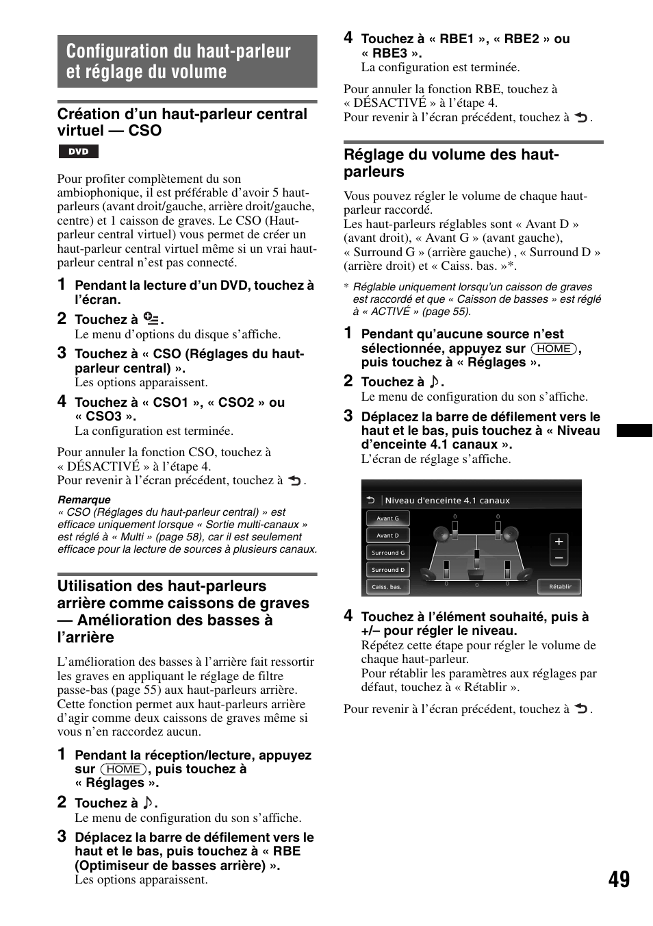 Configuration du haut-parleur et réglage du volume, Création d’un haut-parleur central virtuel - cso, Réglage du volume des haut- parleurs | Sony XAV-701HD User Manual | Page 121 / 228