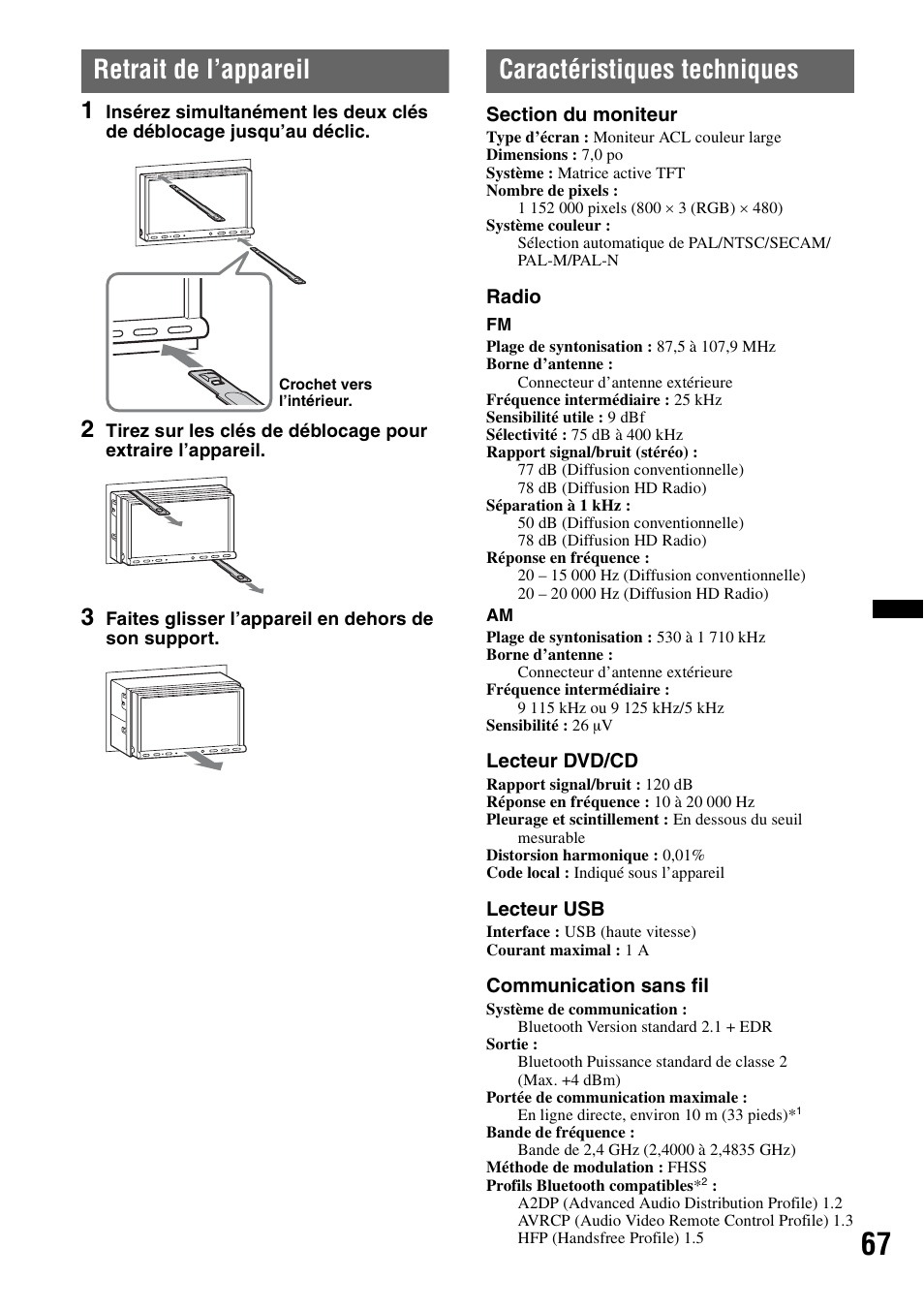 Retrait de l’appareil, Caractéristiques techniques | Sony XAV-701HD User Manual | Page 139 / 228