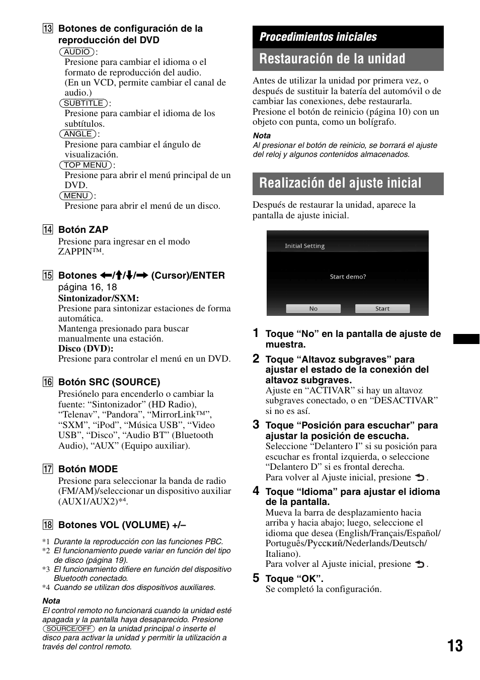 Procedimientos iniciales, Restauración de la unidad, Realización del ajuste inicial | Sony XAV-701HD User Manual | Page 161 / 228