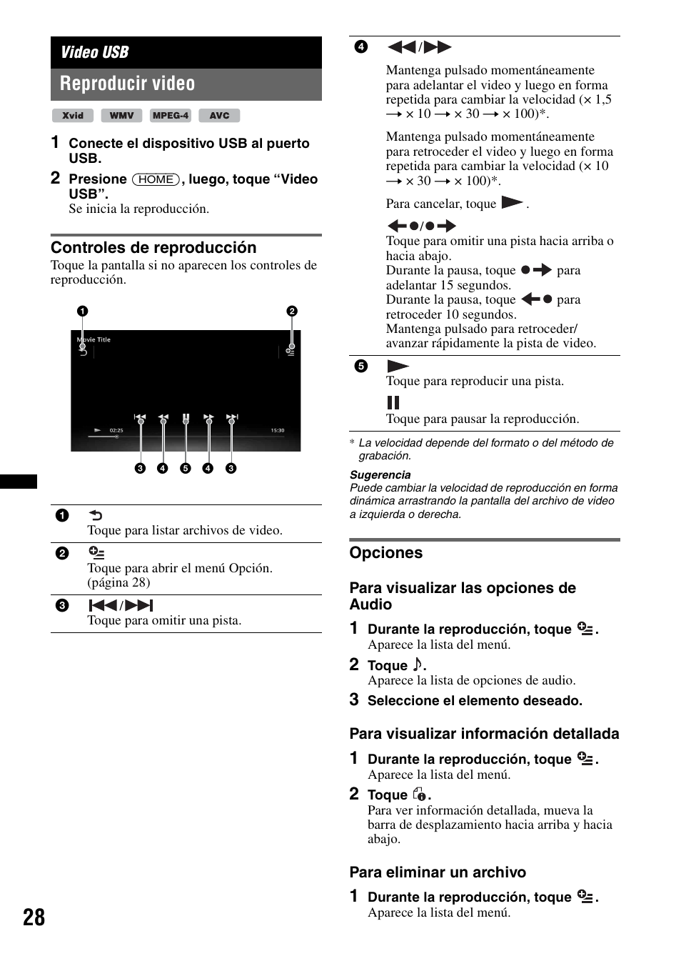 Video usb, Reproducir video, Controles de reproducción | Opciones, Controles de reproducción opciones | Sony XAV-701HD User Manual | Page 176 / 228