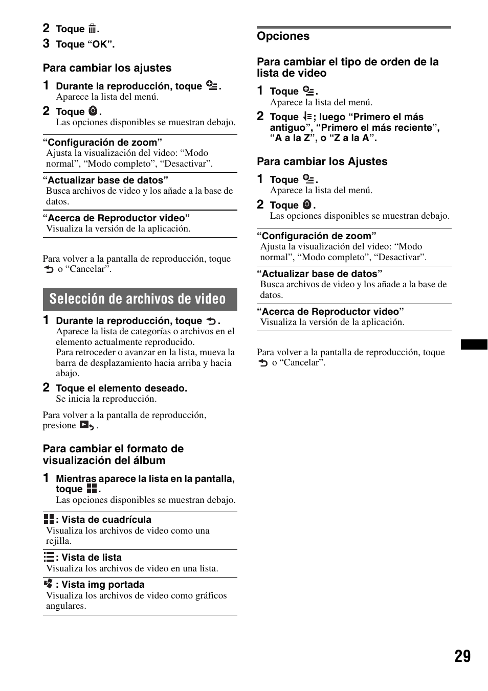 Selección de archivos de video, Opciones | Sony XAV-701HD User Manual | Page 177 / 228