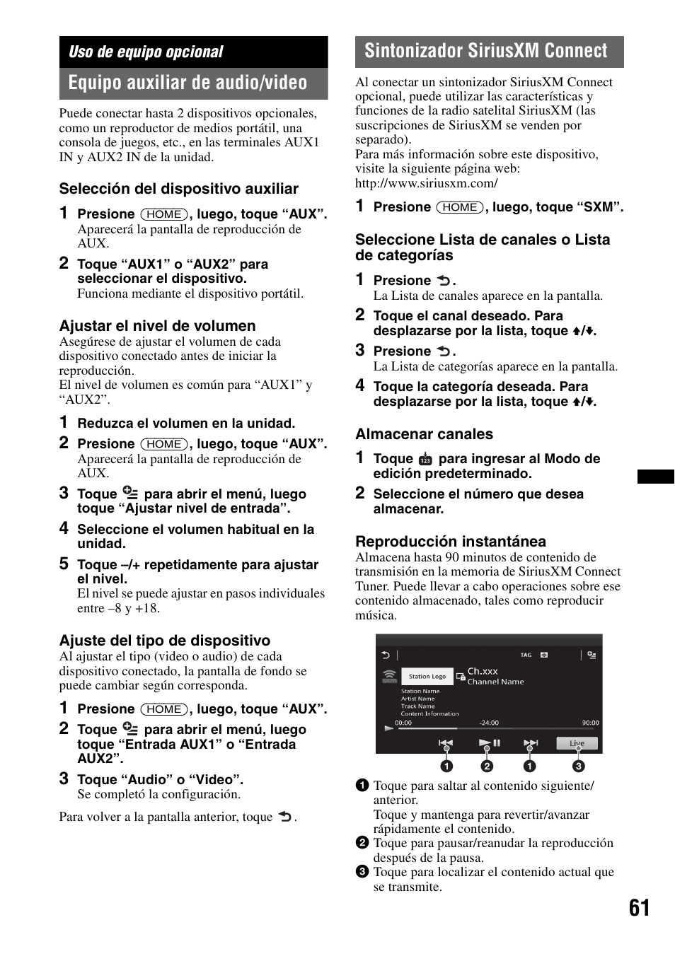 Uso de equipo opcional, Equipo auxiliar de audio/video, Sintonizador siriusxm connect | Sony XAV-701HD User Manual | Page 209 / 228