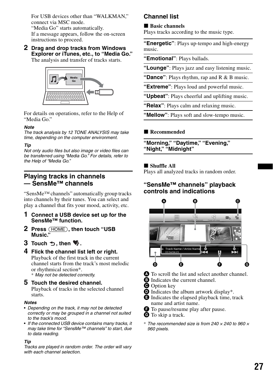 Playing tracks in channels - sensme™ channels, Playing tracks in channels — sensme™ channels | Sony XAV-701HD User Manual | Page 27 / 228