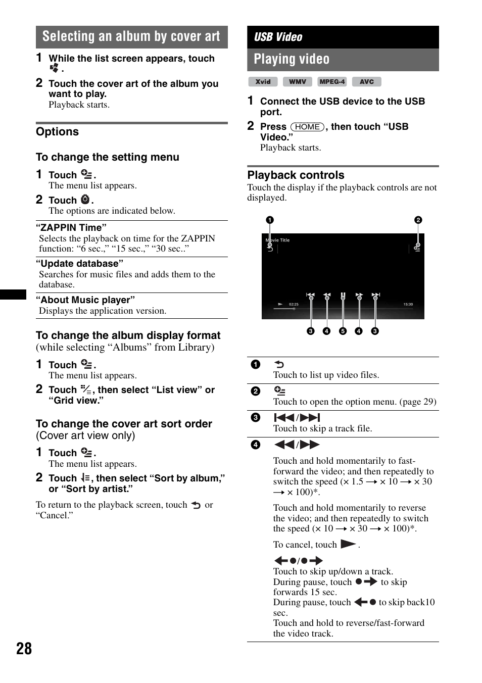 Selecting an album by cover art, Options, Usb video | Playing video, Playback controls | Sony XAV-701HD User Manual | Page 28 / 228