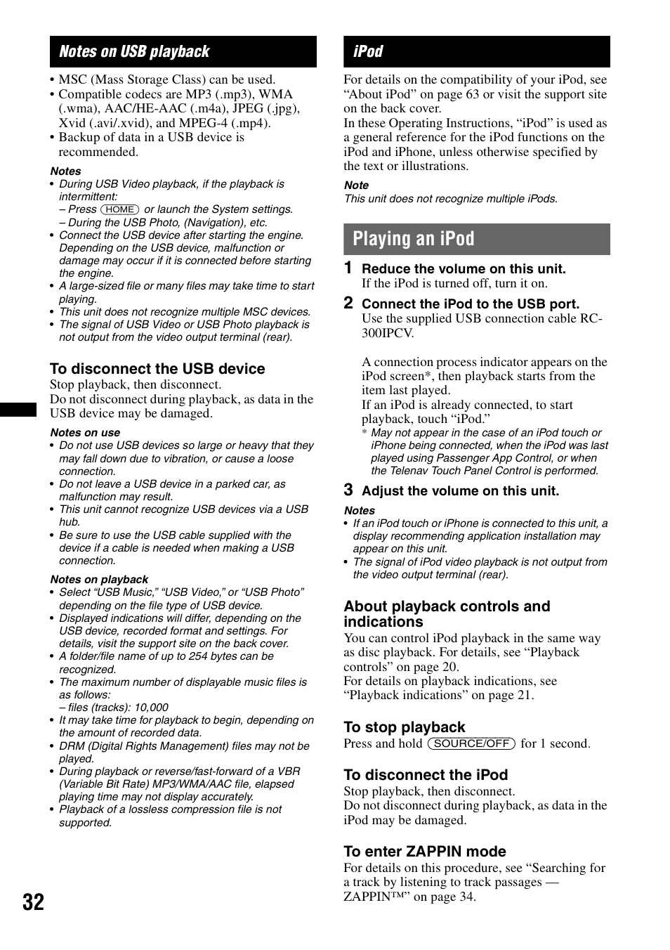 Notes on usb playback, Ipod, Playing an ipod | About playback controls and indications | Sony XAV-701HD User Manual | Page 32 / 228