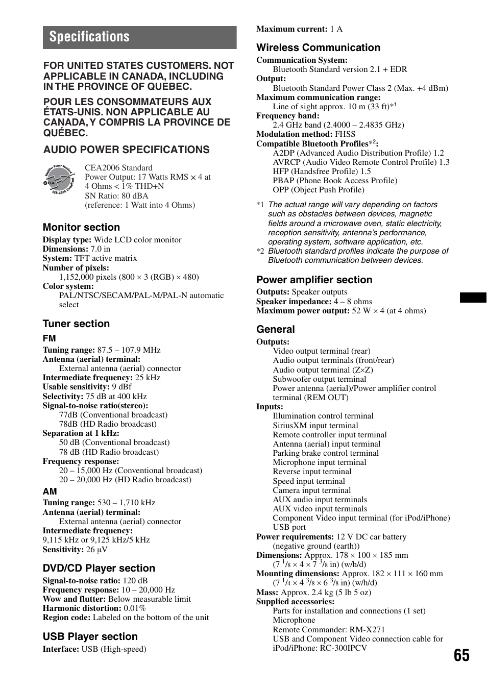 Specifications, Wireless communication, General | Audio power specifications | Sony XAV-701HD User Manual | Page 65 / 228