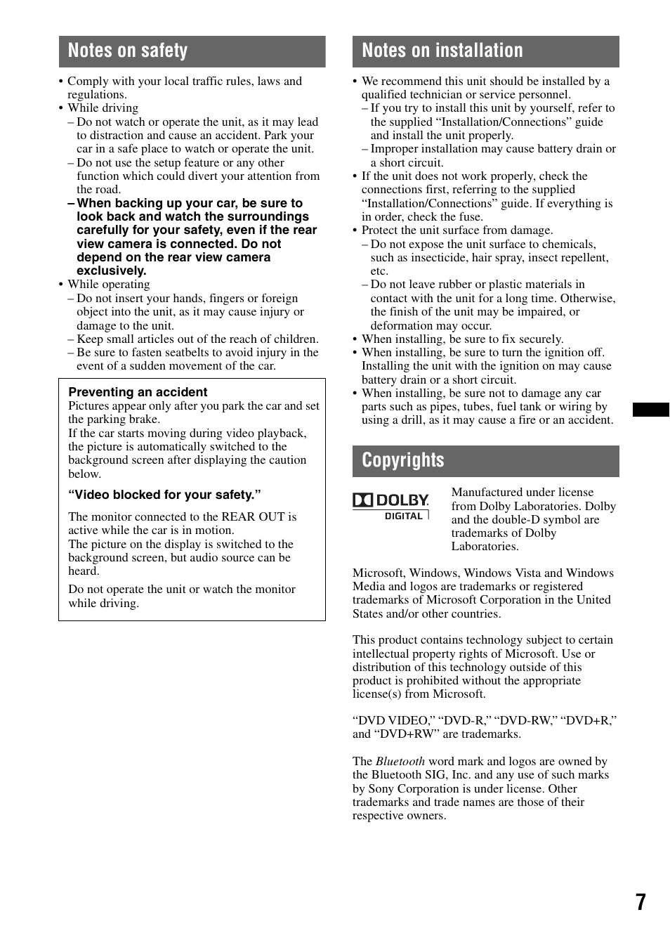 Notes on safety, Notes on installation, Copyrights | Sony XAV-701HD User Manual | Page 7 / 228