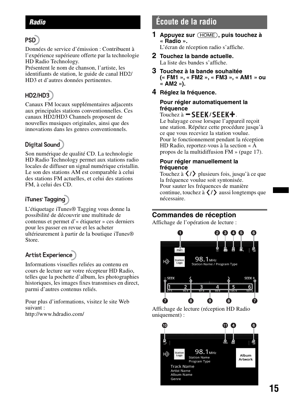 Radio, Écoute de la radio, Commandes de réception | Sony XAV-701HD User Manual | Page 87 / 228