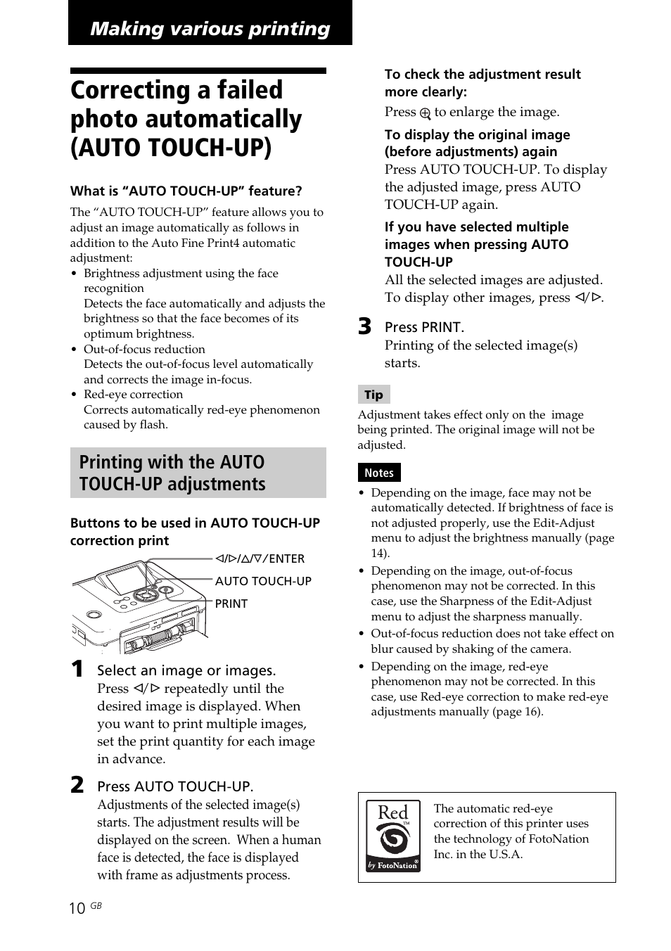 Making various printing, Printing with the auto touch-up adjustments, Auto touch-up | Correcting a failed photo automatically, Auto touch-up) | Sony DPP-FP70 User Manual | Page 10 / 84