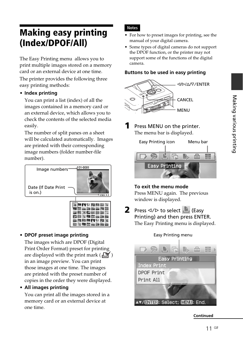 Making easy printing (index/dpof/all), All printing, Easy printing | Index printing | Sony DPP-FP70 User Manual | Page 11 / 84