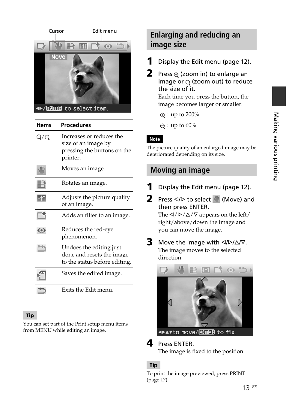 Enlarging and reducing an image size, Moving an image | Sony DPP-FP70 User Manual | Page 13 / 84