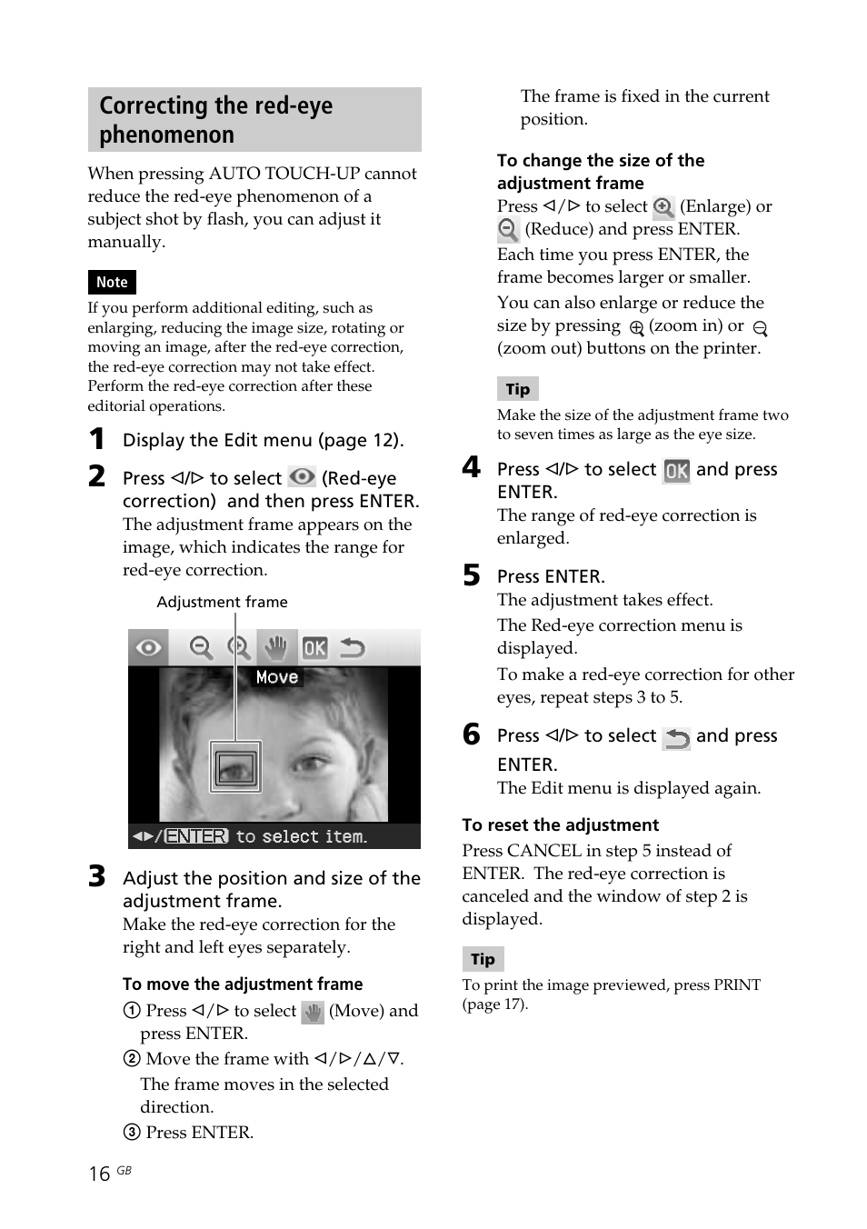 Correcting the red-eye phenomenon, Red-eye reduction | Sony DPP-FP70 User Manual | Page 16 / 84