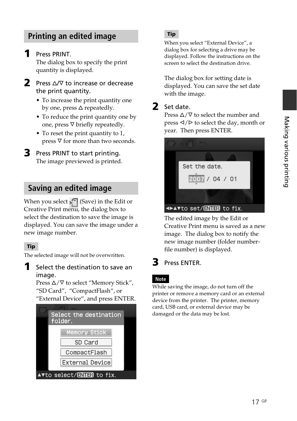Printing an edited image, Saving an edited image, Edited image | Saving an image, Printing an edited image saving an edited image | Sony DPP-FP70 User Manual | Page 17 / 84