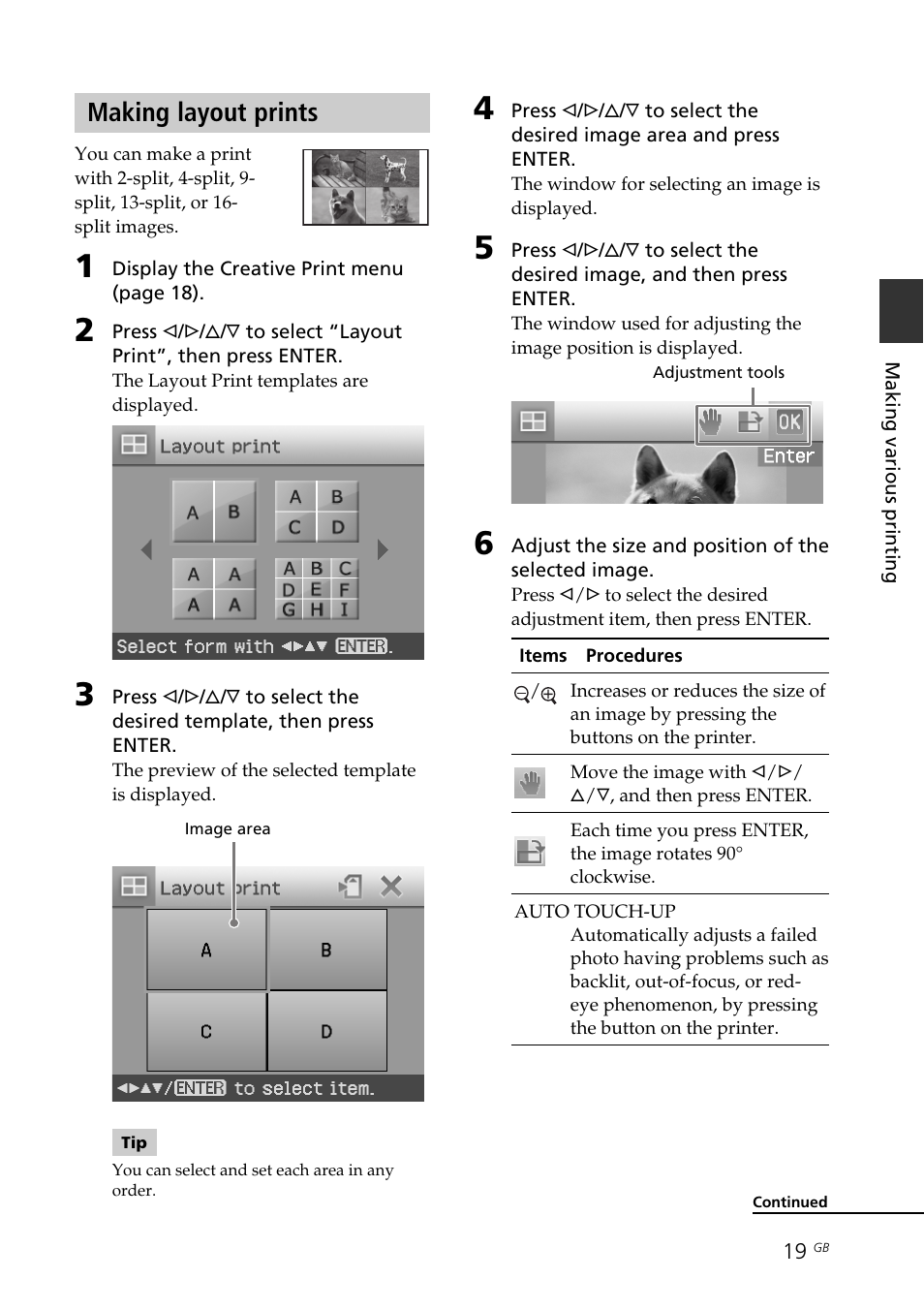 Making layout prints, Layout print | Sony DPP-FP70 User Manual | Page 19 / 84