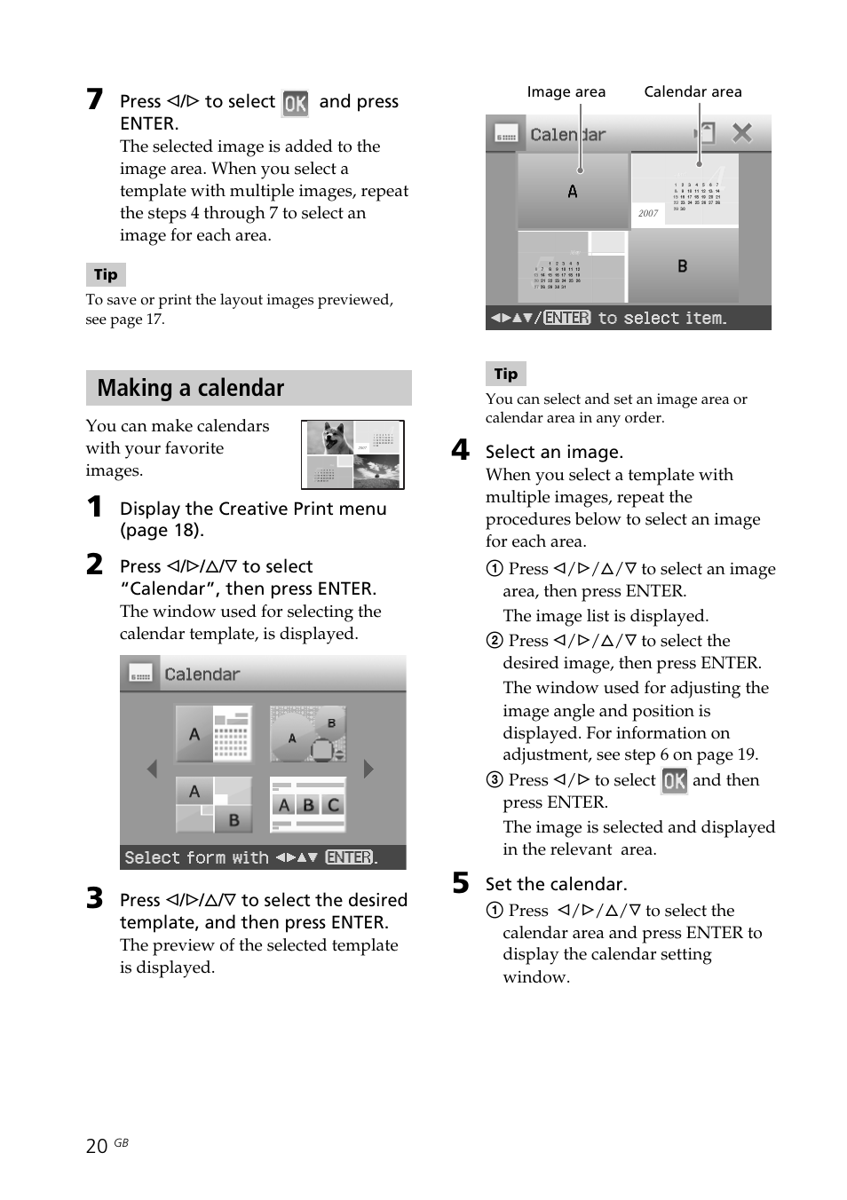 Making a calendar, Calendar | Sony DPP-FP70 User Manual | Page 20 / 84