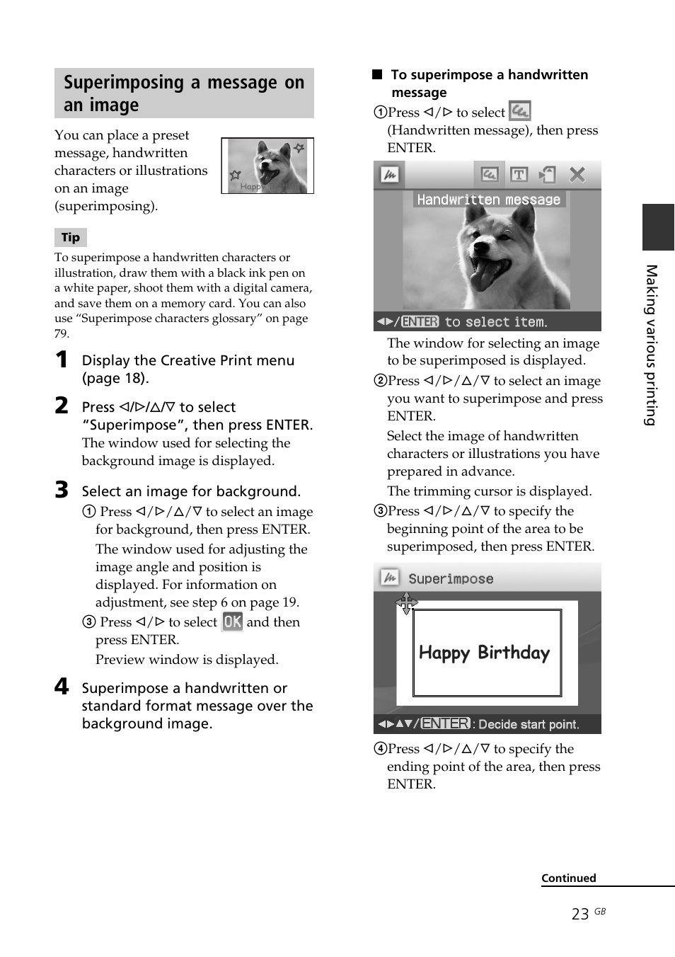 Superimposing a message on an image, Superimposing | Sony DPP-FP70 User Manual | Page 23 / 84