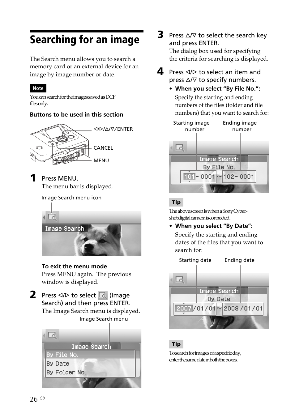 Searching for an image | Sony DPP-FP70 User Manual | Page 26 / 84