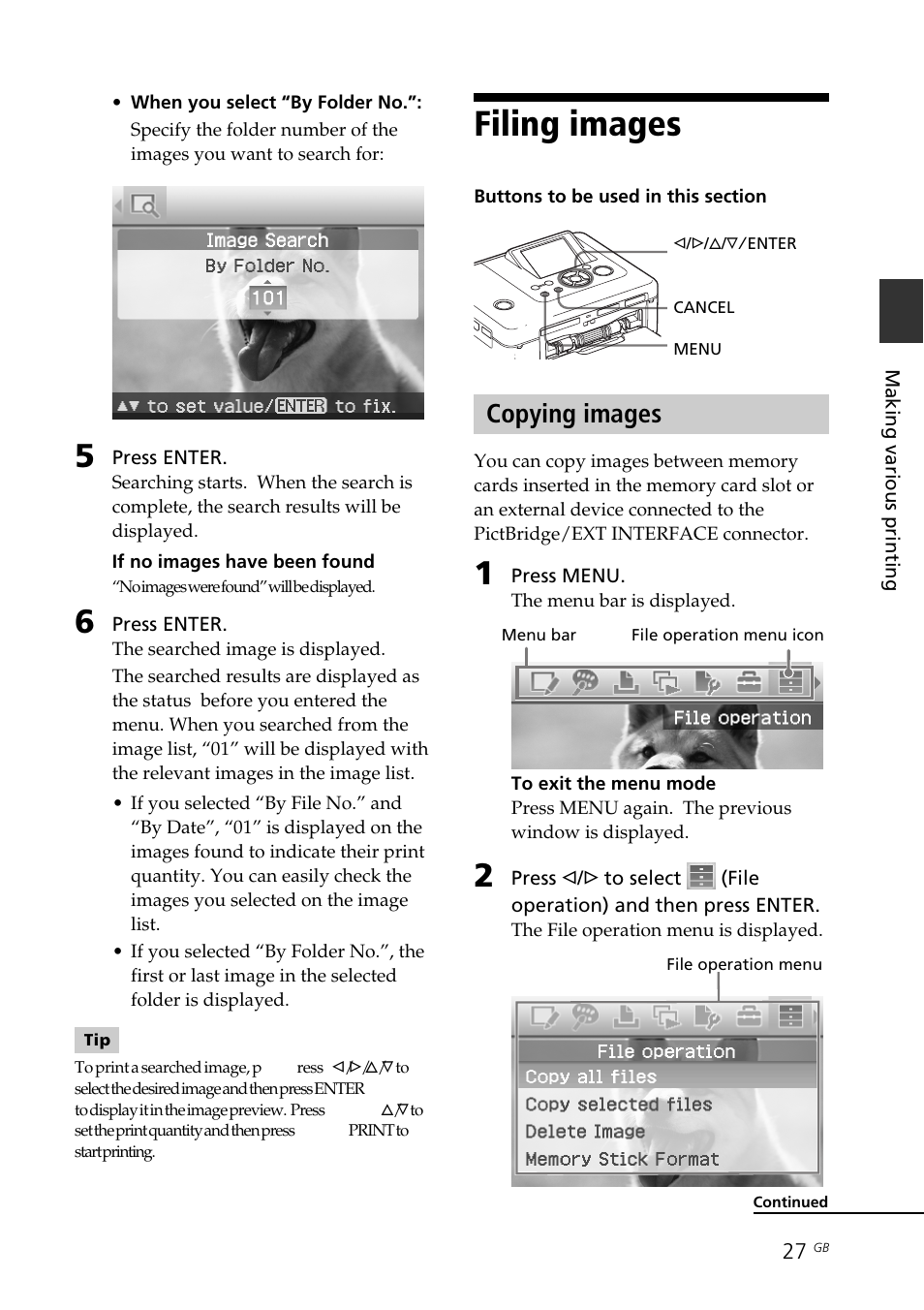 Filing images, Copying images, Copying an image | Deleting an image, File menu | Sony DPP-FP70 User Manual | Page 27 / 84