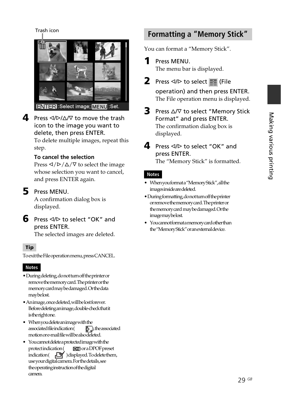 Formatting a “memory stick, Format | Sony DPP-FP70 User Manual | Page 29 / 84