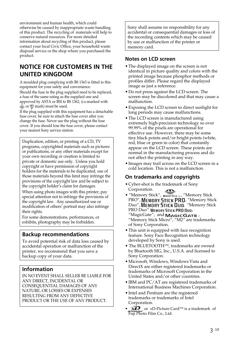 Notice for customers in the united kingdom, Backup recommendations, Information | Sony DPP-FP70 User Manual | Page 3 / 84