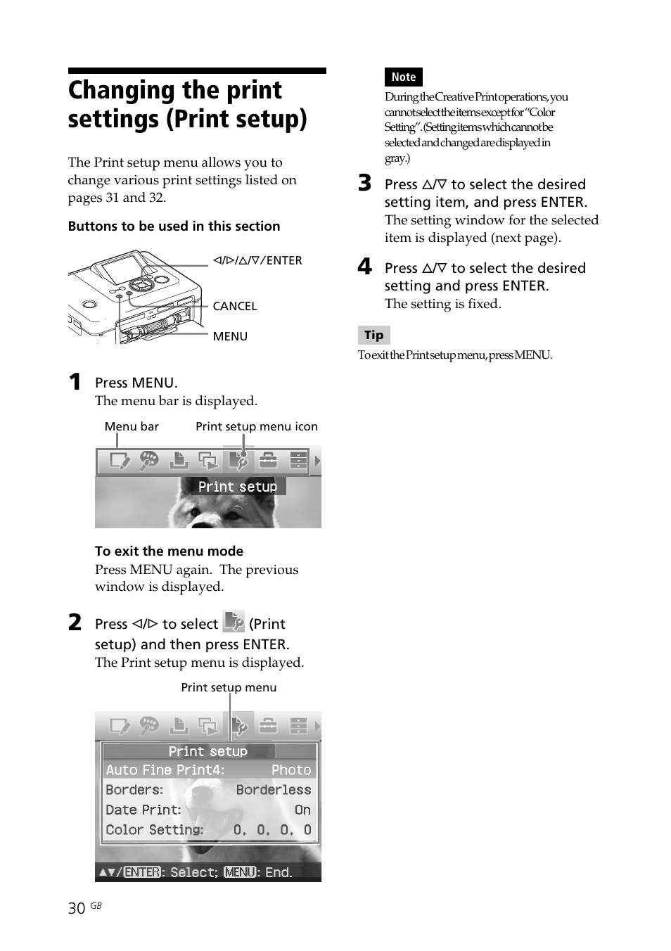 Changing the print settings (print setup), Print setup, Changing the print settings | Print setup) | Sony DPP-FP70 User Manual | Page 30 / 84