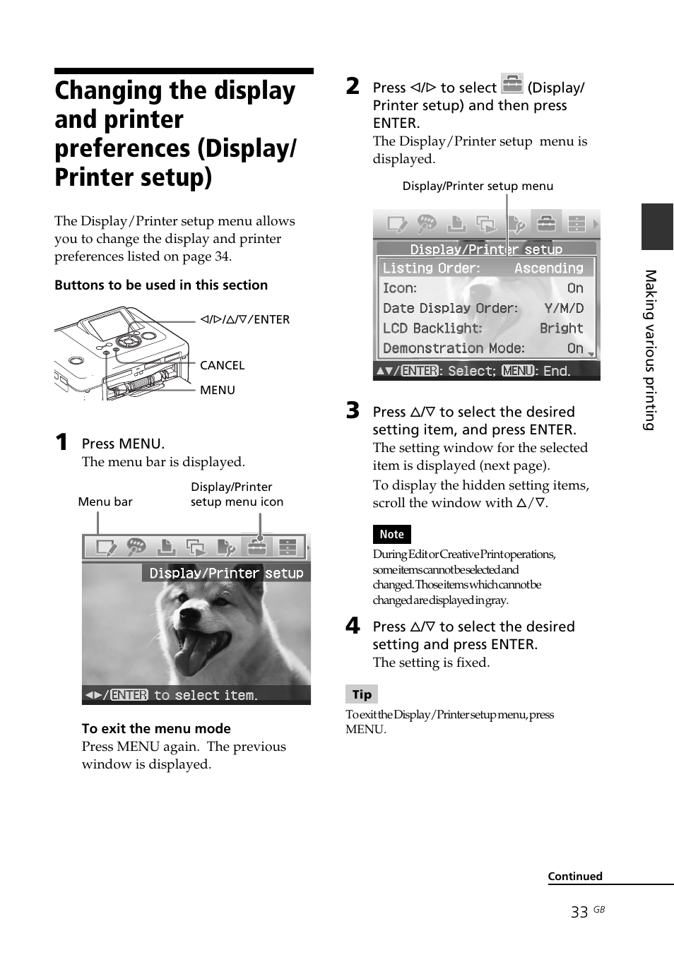 Display/printer setup, Changing the display and printer, Preferences (display/printer setup) | Sony DPP-FP70 User Manual | Page 33 / 84