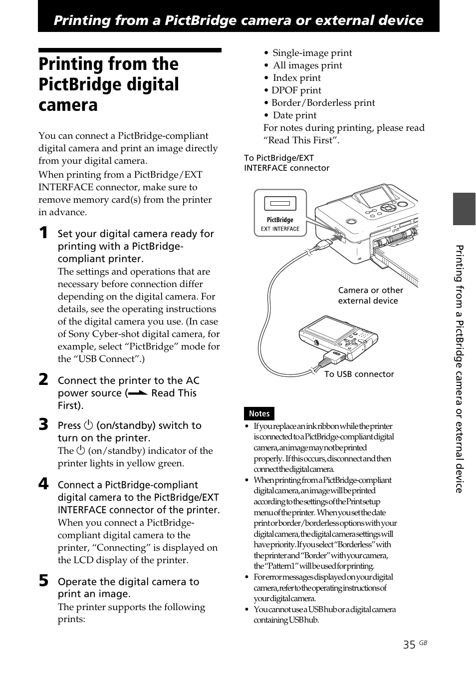 Printing from the pictbridge digital camera, Digital camera, On/standby indicator | On/standby switch, Pictbridge camera, Pictbridge/ext interface connector, From a pictbridge camera, Printing from a pictbridge, Camera or external device, Printing from the pictbridge | Sony DPP-FP70 User Manual | Page 35 / 84