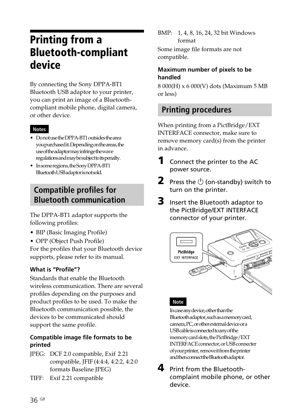 Printing from a bluetooth-compliant device, Compatible profiles for bluetooth communication, Printing procedures | Bluetooth device, From a bluetooth device, Printing from a bluetooth-compliant, Device | Sony DPP-FP70 User Manual | Page 36 / 84